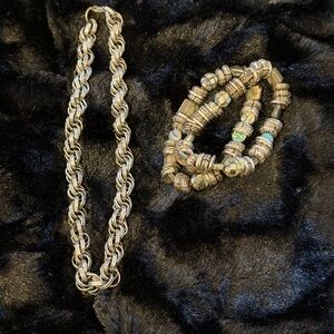 Silver Chain Choker Necklace 14-14 1/2 in & 2 Silver Abalone Bracelets